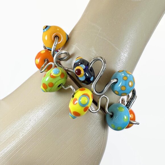 Glass Bead Bracelet, Lamp Work, Dotted, Rainbow, Art Glass, Blue, Orange, Red - Picture 1 of 5